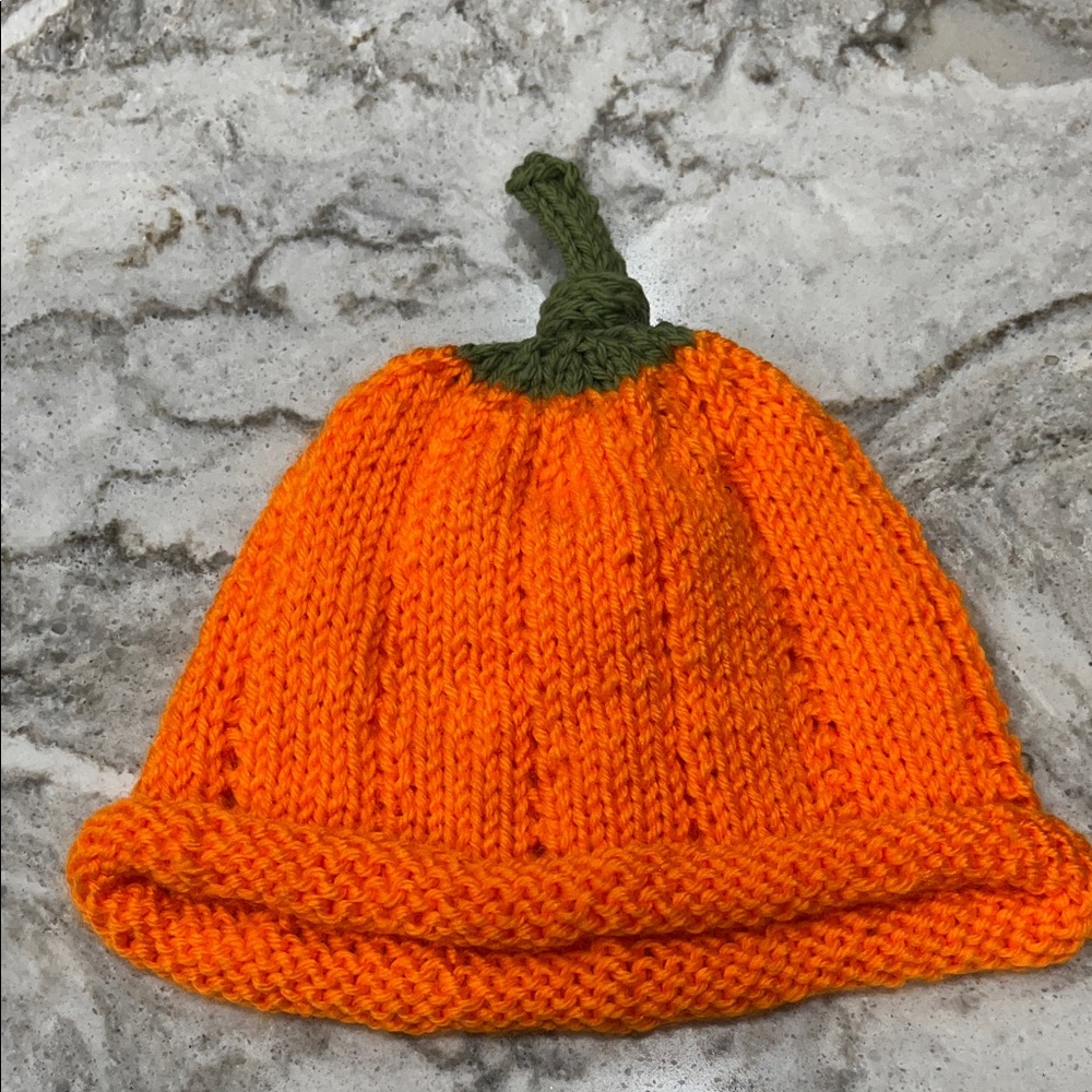 Orange Knit Pumpkin Hat Halloween Fall Trick or Treat Hand Knit Hand Crafted